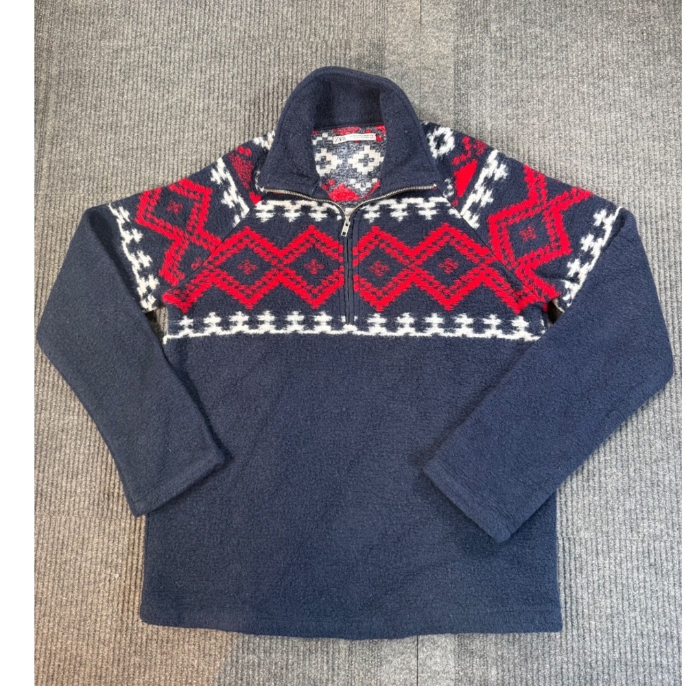 Zara Mens Fair Isle Quarter Zip Fleece Pullover Navy Blue Red Geometric Small
